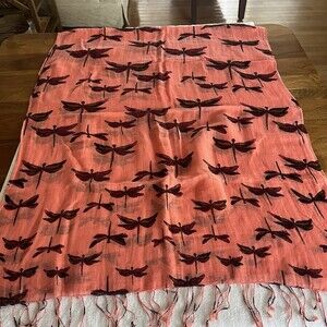 Talbots Women’s Linen Blend Coral W/ Dragonfly Motif Scarf 27x70”